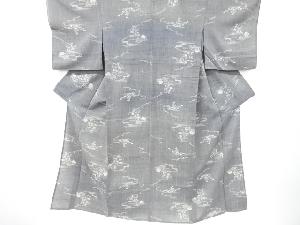 アンティーク　雲に家屋風景模様織り出し手織り紬単衣着物